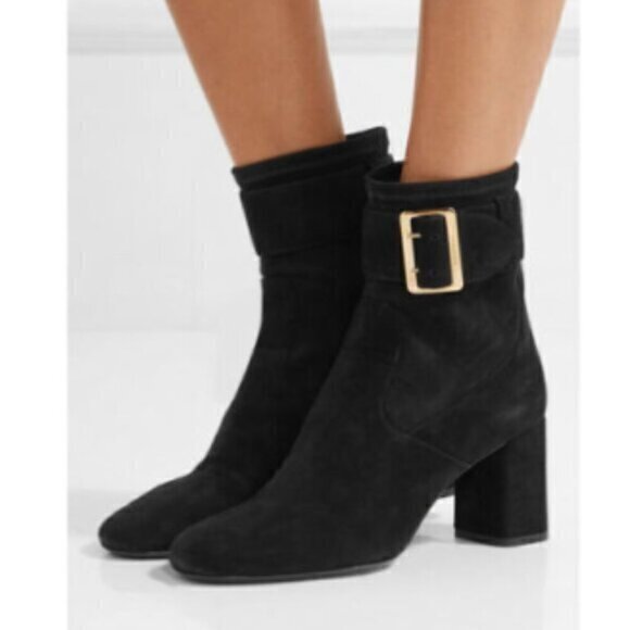Burberry Women's 10 Britannia Buckle Block Suede Black Heel Buckle Booties - Picture 1 of 15